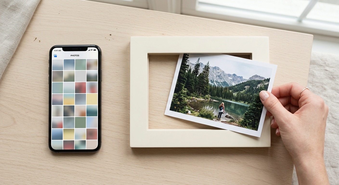 A phone showing a camera roll beside a single printed photo being placed in a frame
