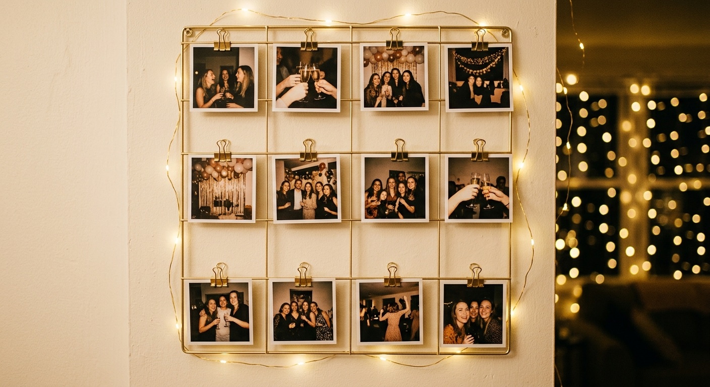 A gold grid photo wall of party pictures lit with string lights