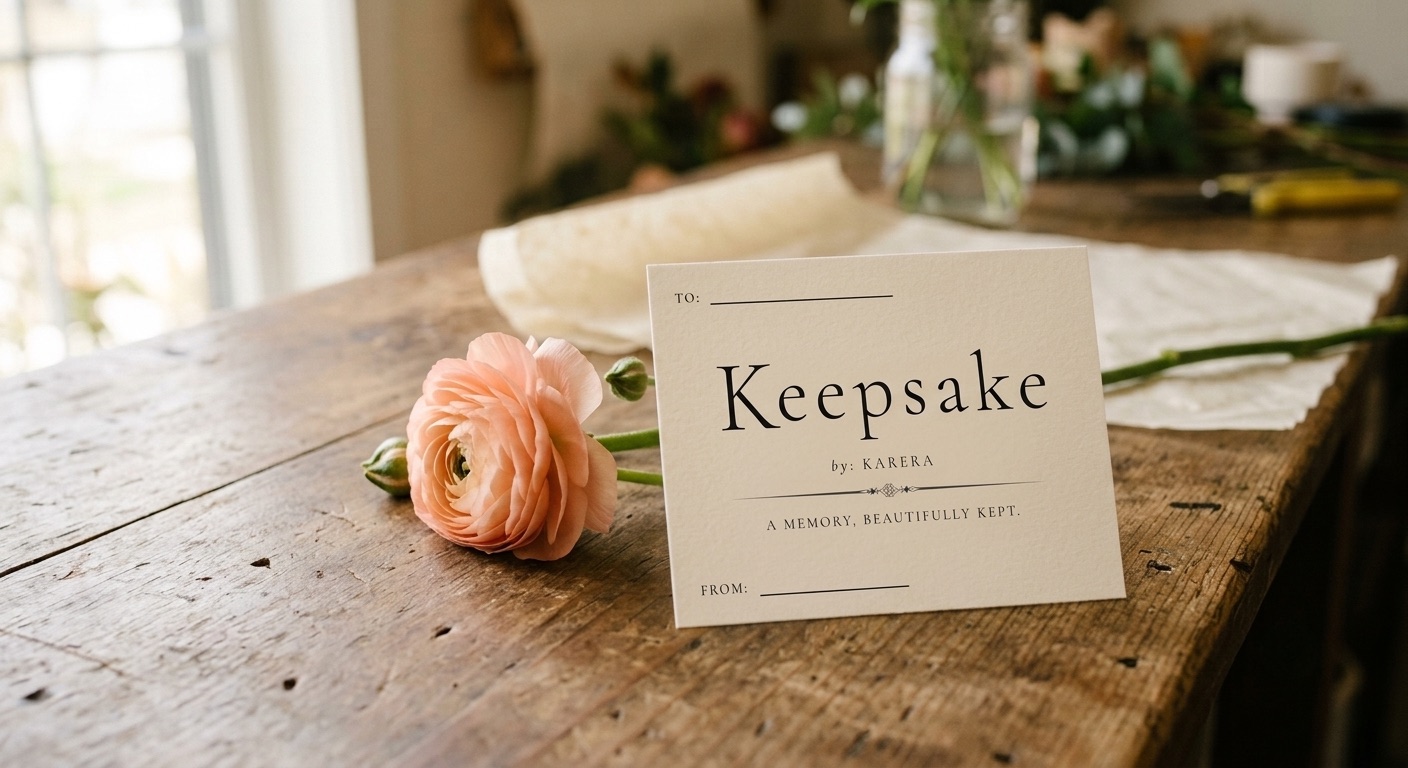 A single flower stem beside a Karera keepsake card on a florist's counter