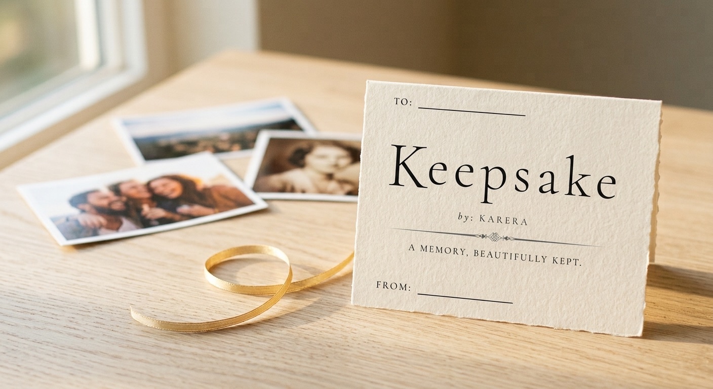 A Karera keepsake card beside a scatter of printed photographs and a gold ribbon